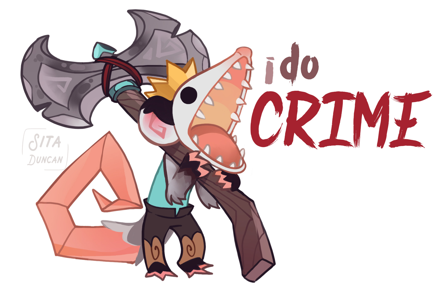 Illustration of the Pathfinder pnoll ancestry done by Sita Duncan. The pnoll carries a battleaxe and appears to be screaming “I do crime”